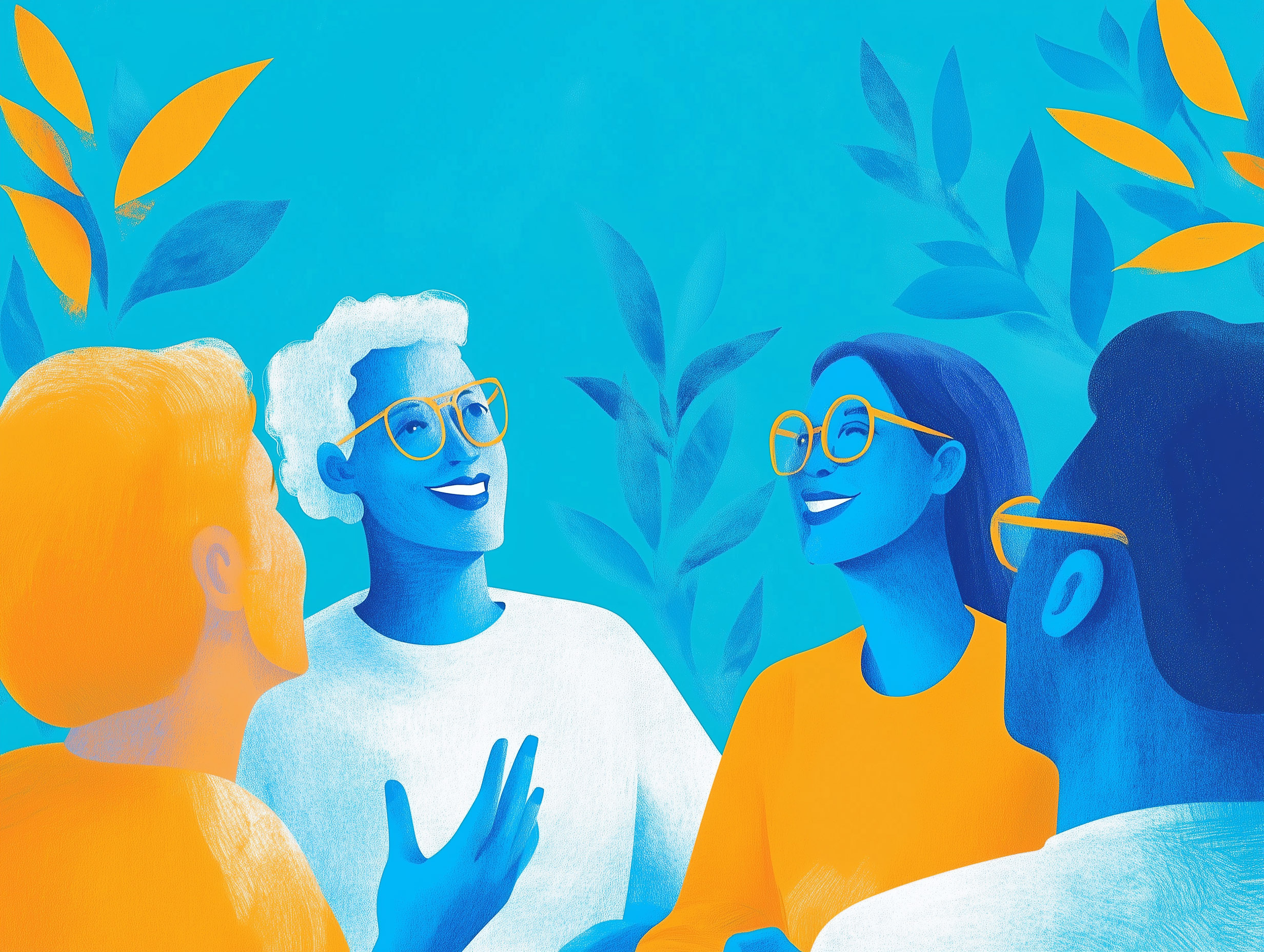 starflash_camera_a_group_of_people_talking_gentle_smiling_they